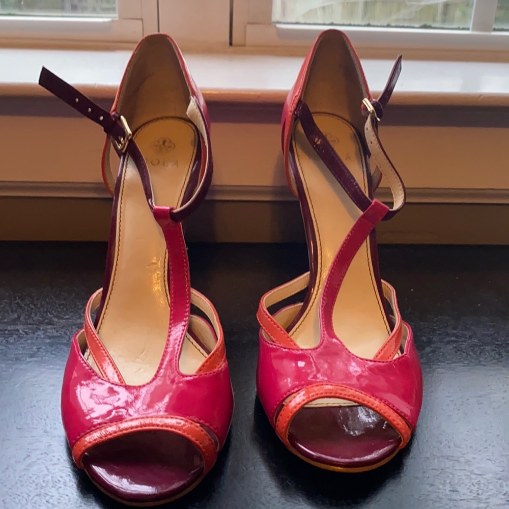 Pink and Orange T Strap Isolá Heels